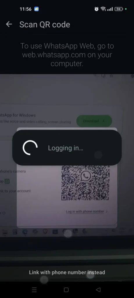 WhatsApp on an Android phone while linking WhatsApp Web