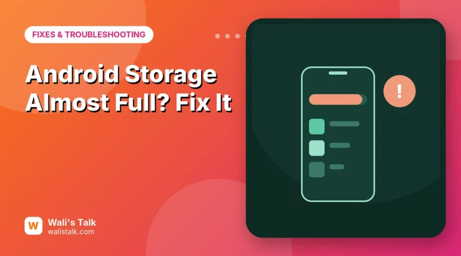 Illustration of a phone with an almost full storage bar and a warning sign