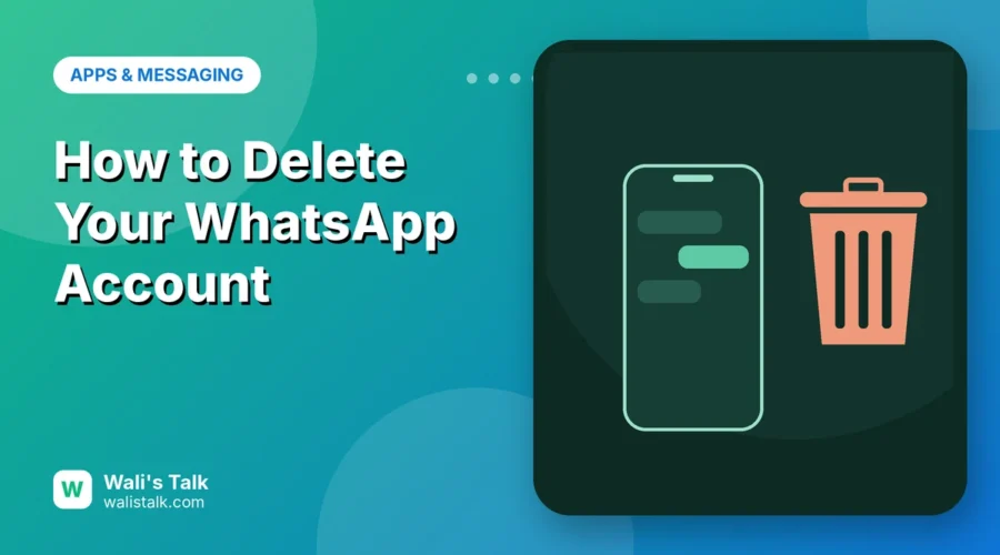 Illustration of a phone next to a trash bin for deleting a WhatsApp account