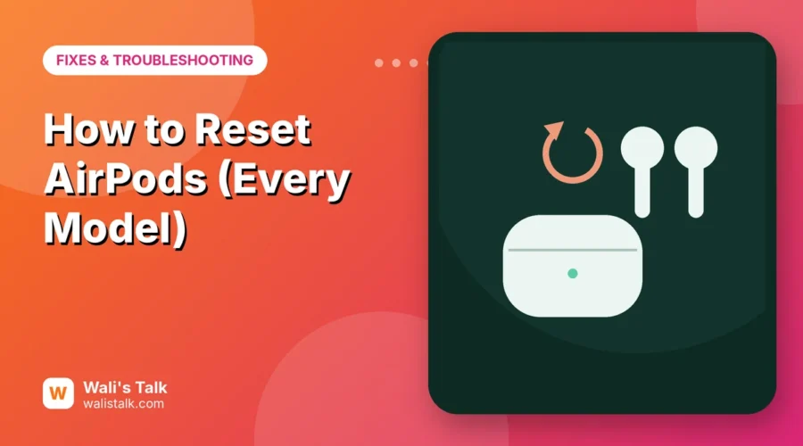 Illustration of an AirPods case and two earbuds with a reset arrow