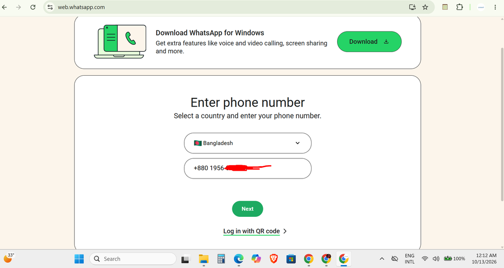 WhatsApp Web login screen on a computer
