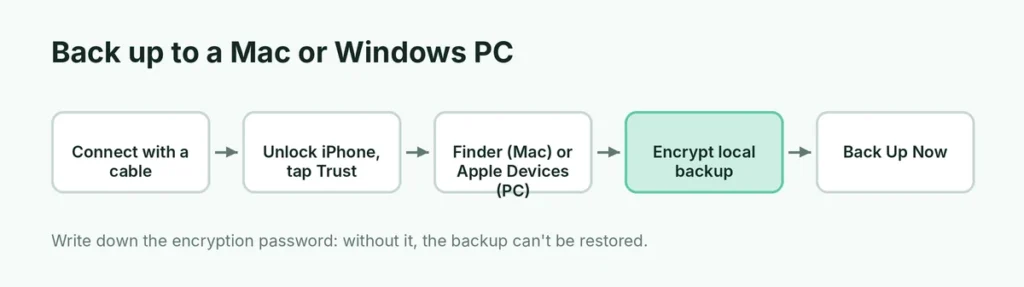 Steps to back up an iPhone to a Mac or Windows PC with an encrypted backup