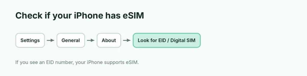 Settings path to check whether an iPhone supports eSIM