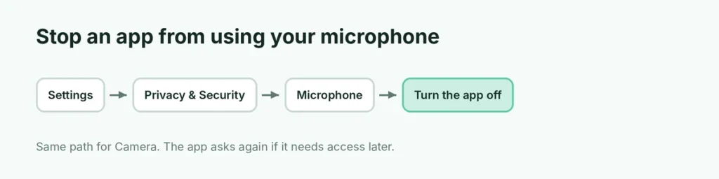 Settings path to stop an app from using the iPhone microphone