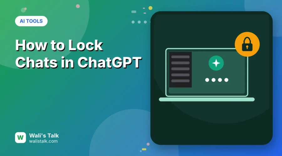Illustration of a laptop with a ChatGPT-style chat list and a padlock badge
