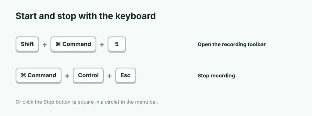 Keyboard shortcuts to start and stop screen recording on a Mac