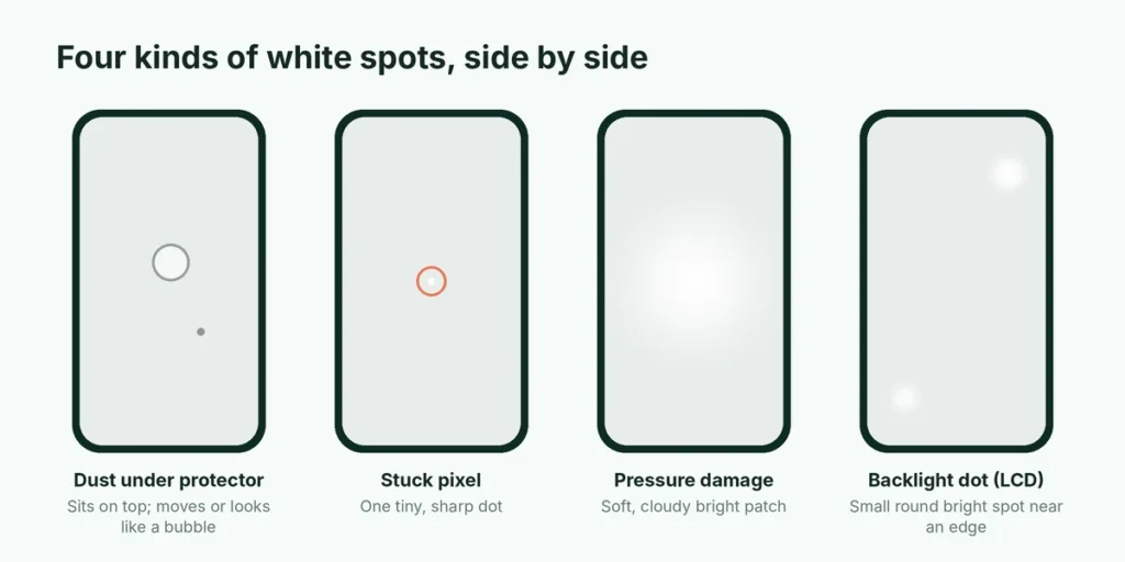 Illustration comparing dust under a screen protector, a stuck pixel, pressure damage and a backlight dot on a phone screen
