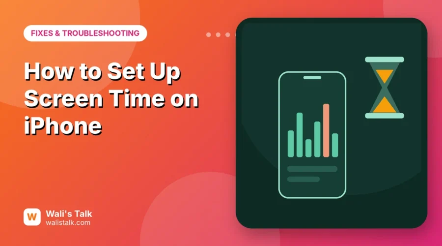Illustration of an iPhone with a usage bar chart next to an hourglass