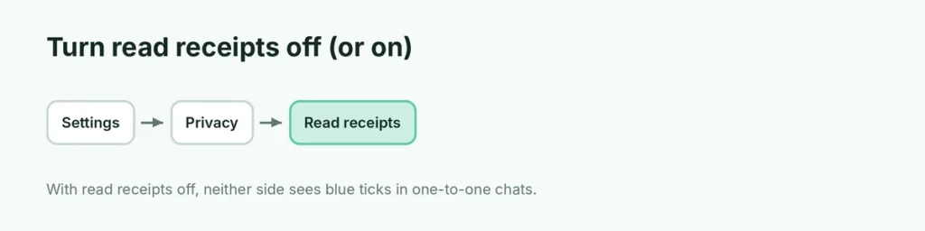 Settings path to turn WhatsApp read receipts on or off