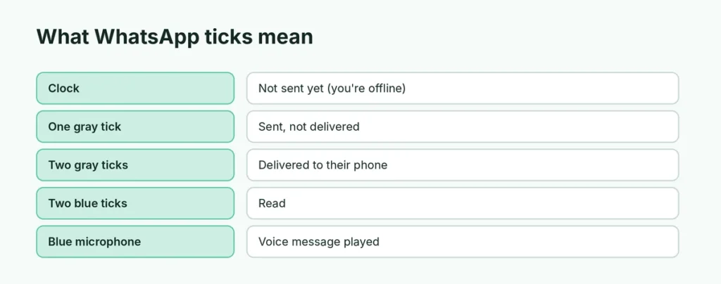 Chart of WhatsApp tick meanings from clock to blue ticks